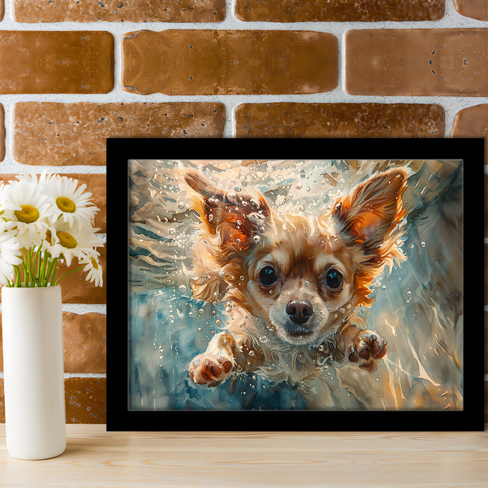 Chihuahua Funny Dog Swimming Underwater Watercolor, Funny Pet Art, Framed Art Print Wall Decor, Framed Picture