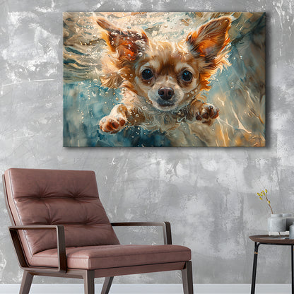 Chihuahua Funny Dog Swimming Underwater Watercolor, Funny Pet Art, Canvas Print Wall Art Home Decor