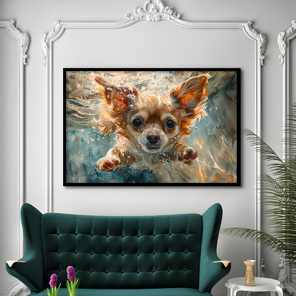 Chihuahua Funny Dog Swimming Underwater Watercolor, Funny Pet Art, Framed Art Print Wall Decor, Framed Picture