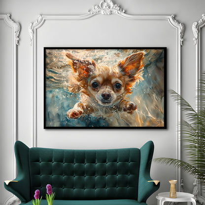 Chihuahua Funny Dog Swimming Underwater Watercolor, Funny Pet Art, Framed Art Print Wall Decor, Framed Picture