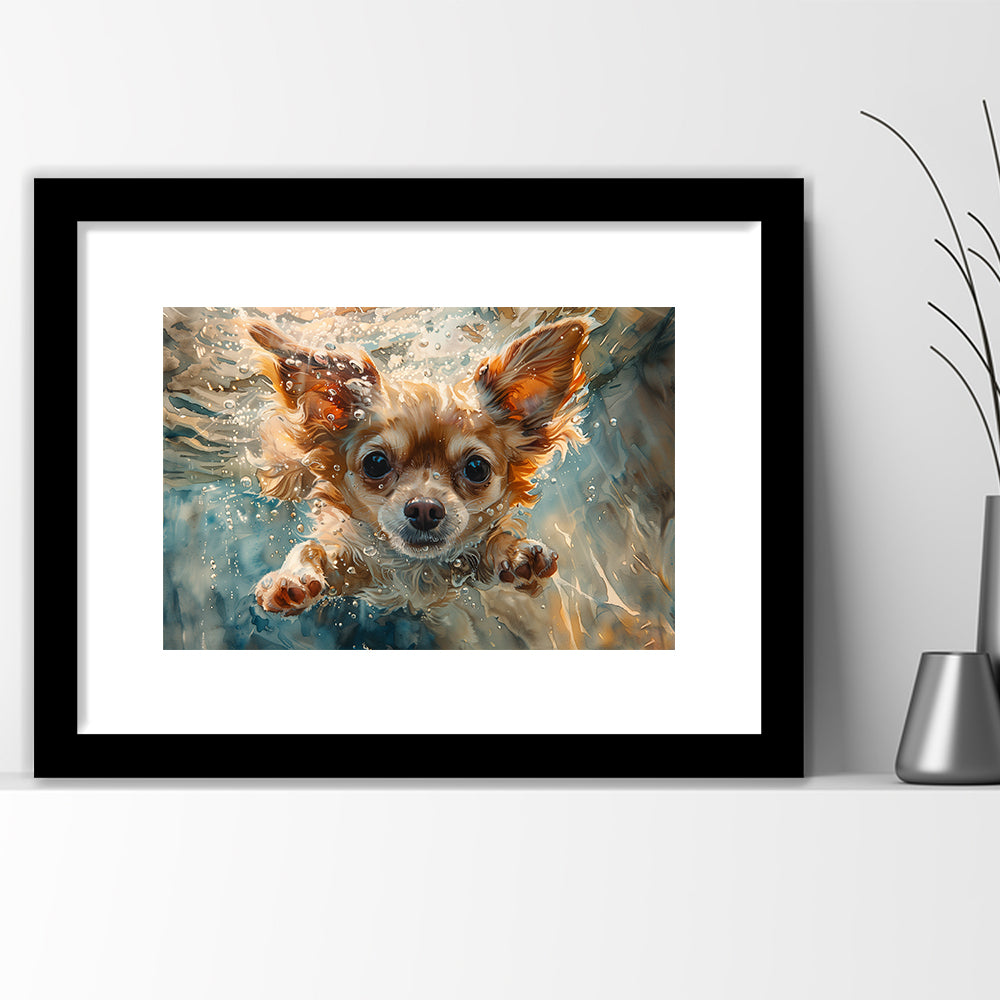 Chihuahua Funny Dog Swimming Underwater Watercolor, Funny Pet Art, Framed Art Print White Border Wall Decor