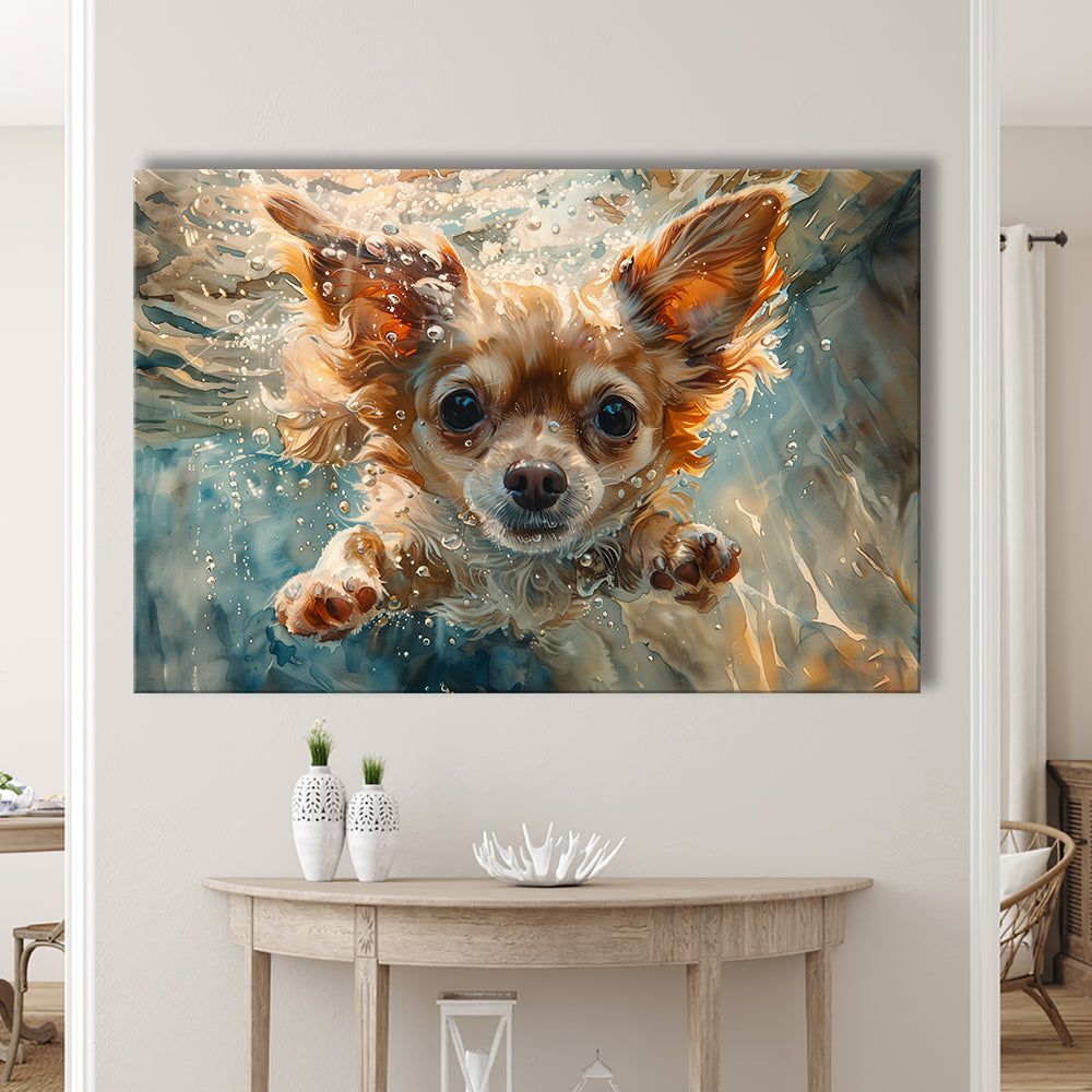 Chihuahua Funny Dog Swimming Underwater Watercolor, Funny Pet Art, Canvas Print Wall Art Home Decor