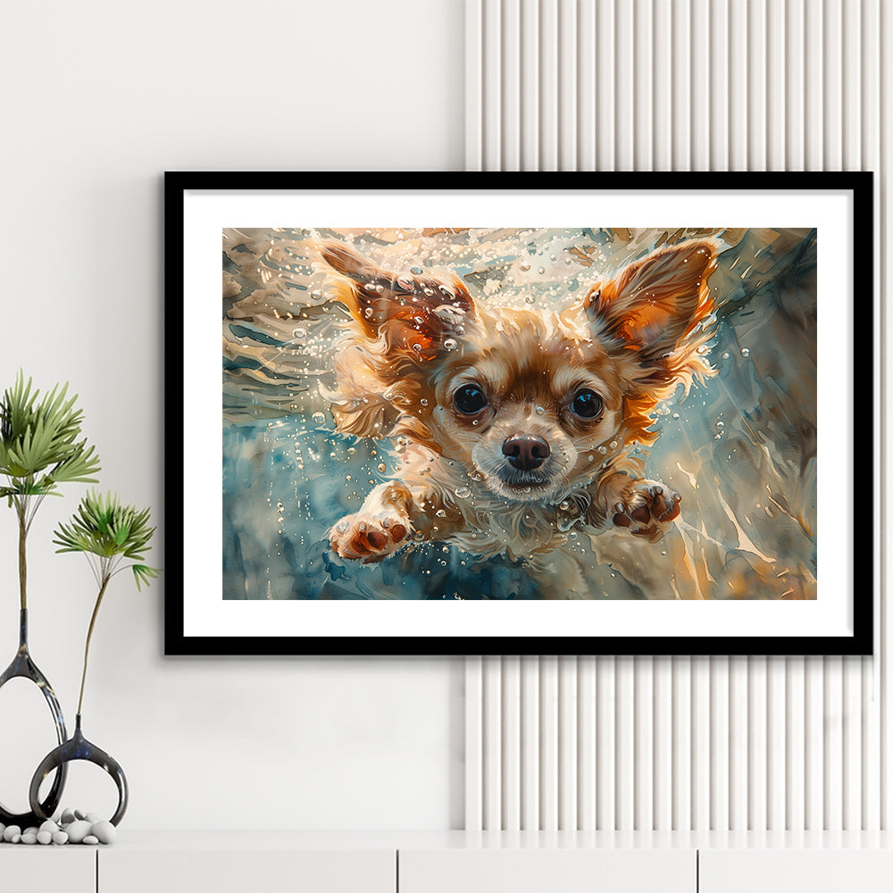 Chihuahua Funny Dog Swimming Underwater Watercolor, Funny Pet Art, Framed Art Print White Border Wall Decor