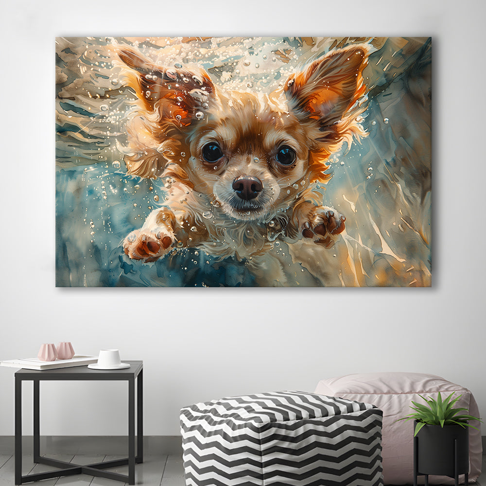 Chihuahua Funny Dog Swimming Underwater Watercolor, Funny Pet Art, Canvas Print Wall Art Home Decor