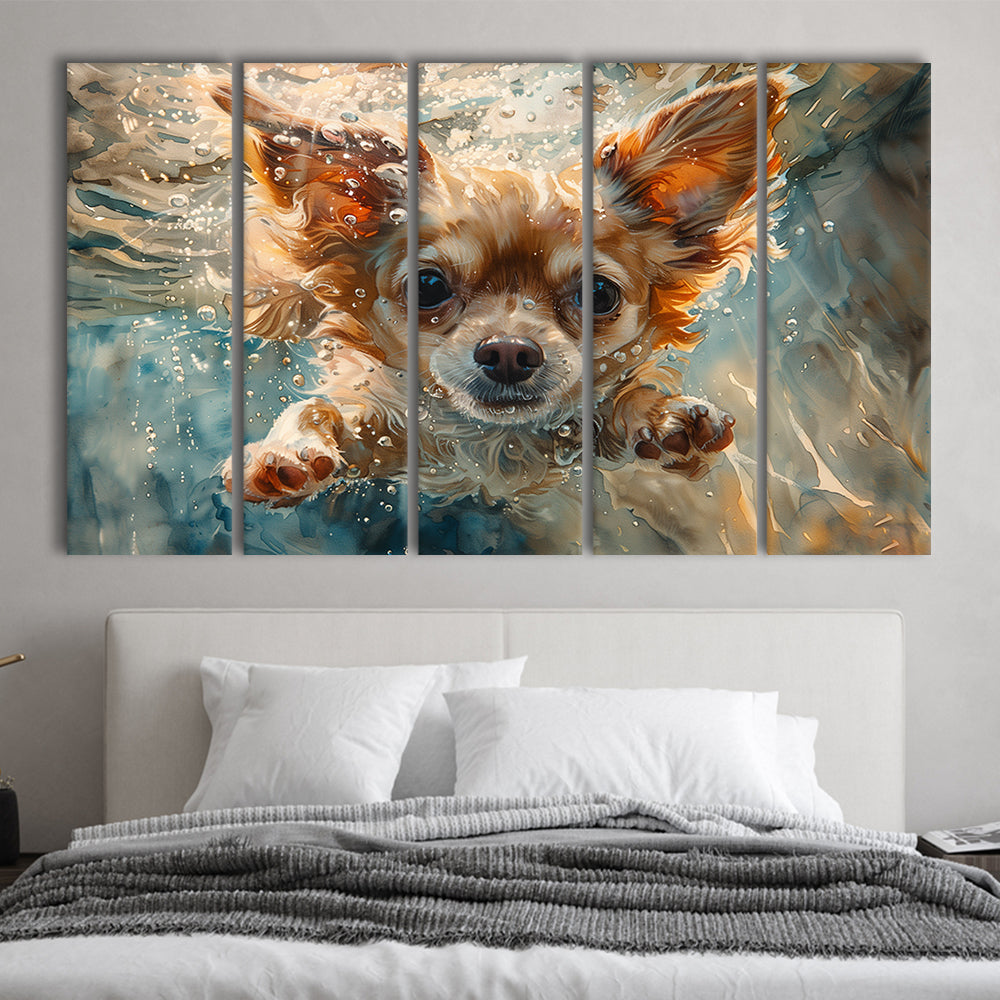 Chihuahua Funny Dog Swimming Underwater Watercolor, Funny Pet Art, Multi Panels Canvas Print Wall Art