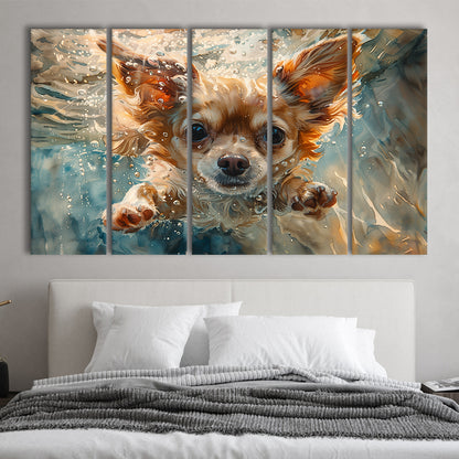Chihuahua Funny Dog Swimming Underwater Watercolor, Funny Pet Art, Multi Panels Canvas Print Wall Art