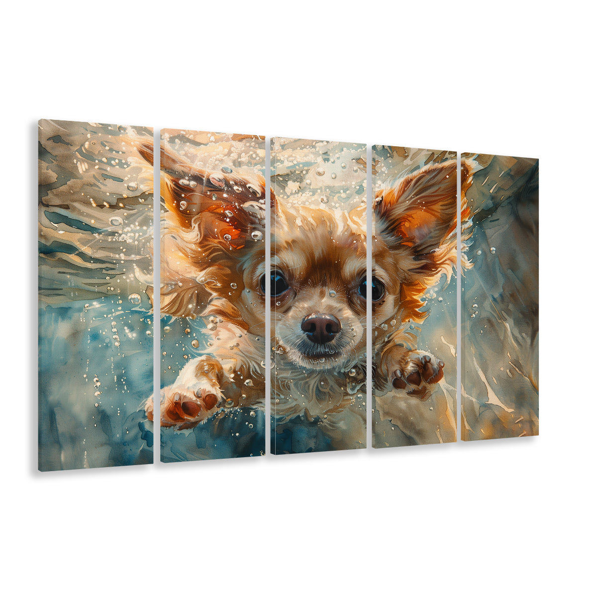 Chihuahua Funny Dog Swimming Underwater Watercolor, Funny Pet Art, Multi Panels Canvas Print Wall Art