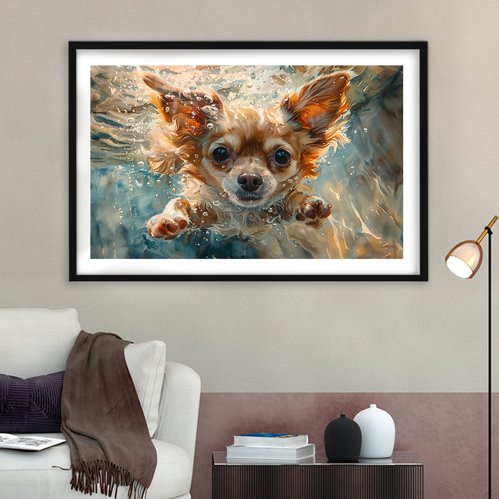 Chihuahua Funny Dog Swimming Underwater Watercolor, Funny Pet Art, Framed Art Print White Border Wall Decor