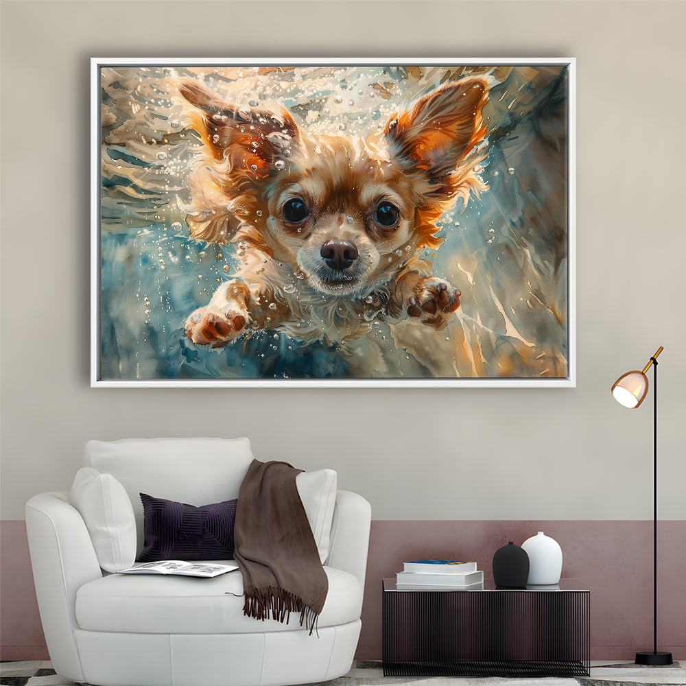 Chihuahua Funny Dog Swimming Underwater Watercolor, Funny Pet Art, Floating Framed Canvas Print Wall Art