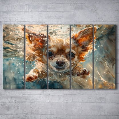 Chihuahua Funny Dog Swimming Underwater Watercolor, Funny Pet Art, Multi Panels Canvas Print Wall Art