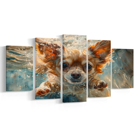 Chihuahua Funny Dog Swimming Underwater Watercolor, Funny Pet Art, Mixed Panels Canvas Print Wall Art