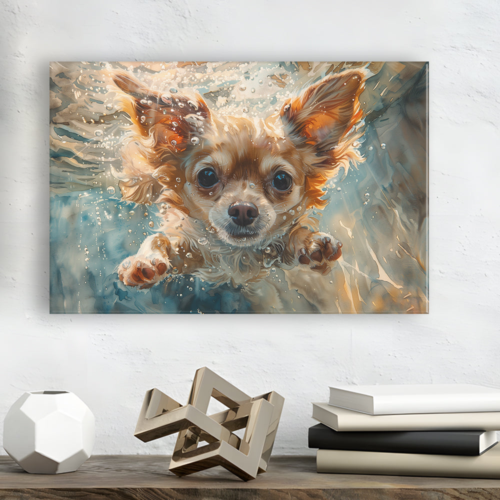 Chihuahua Funny Dog Swimming Underwater Watercolor, Funny Pet Art, Canvas Print Wall Art Home Decor