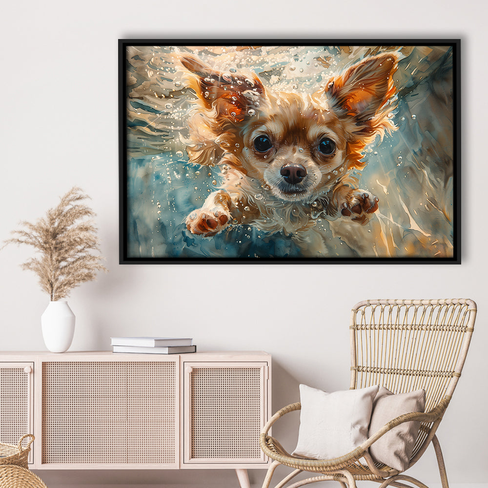 Chihuahua Funny Dog Swimming Underwater Watercolor, Funny Pet Art, Floating Framed Canvas Print Wall Art