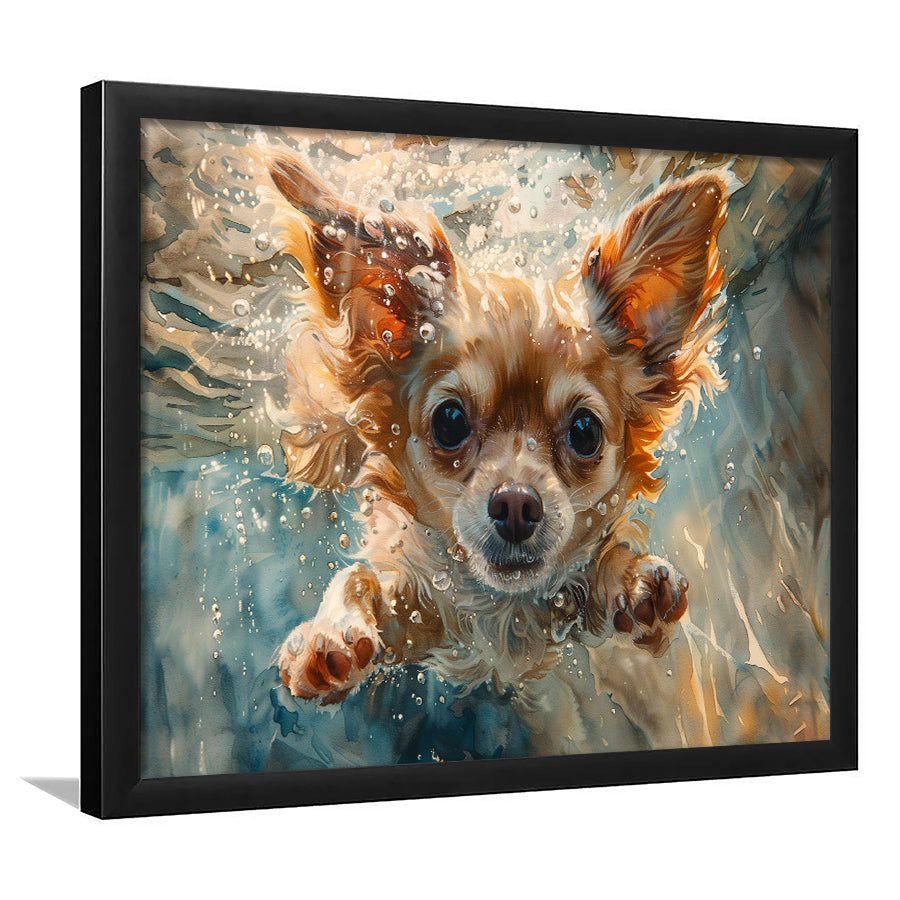 Chihuahua Funny Dog Swimming Underwater Watercolor, Funny Pet Art, Framed Art Print Wall Decor, Framed Picture
