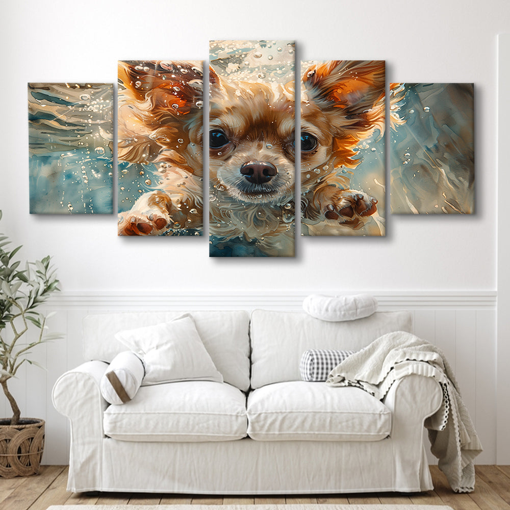 Chihuahua Funny Dog Swimming Underwater Watercolor, Funny Pet Art, Mixed Panels Canvas Print Wall Art