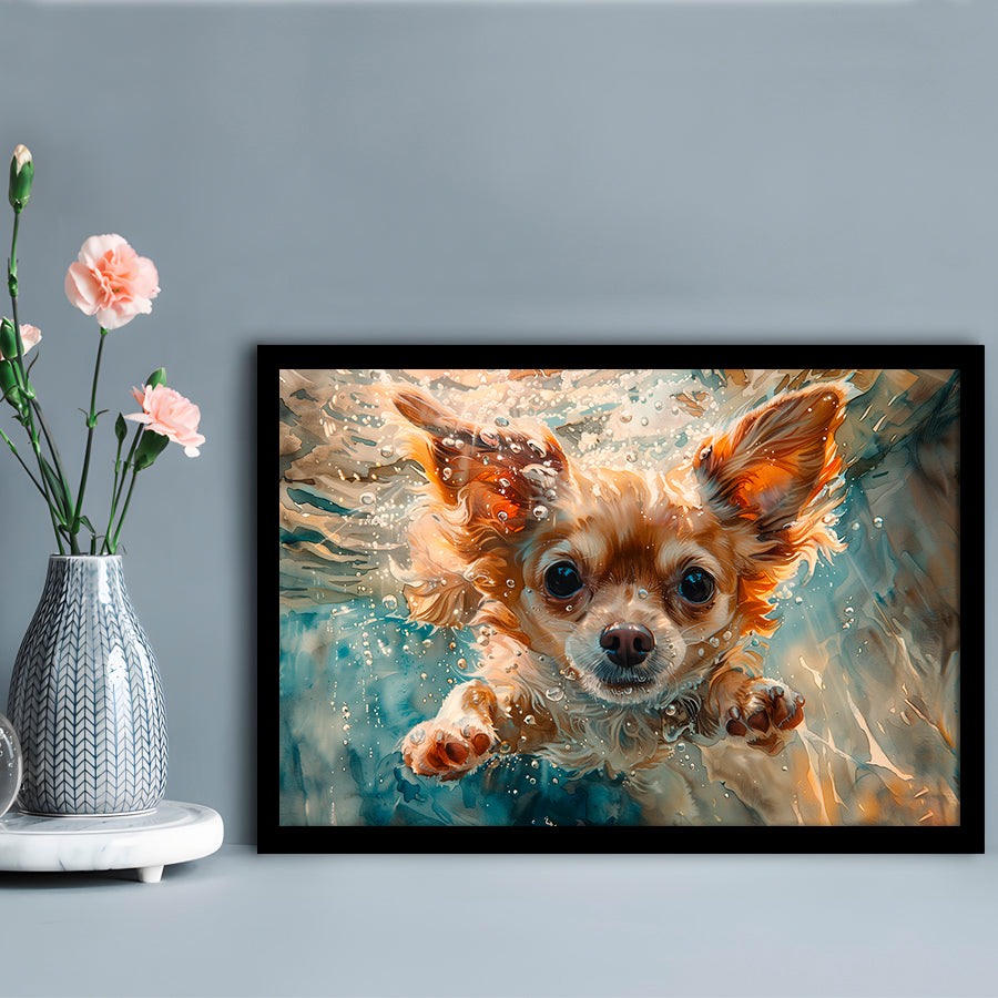 Chihuahua Funny Dog Swimming Underwater Watercolor, Funny Pet Art, Framed Art Print Wall Decor, Framed Picture
