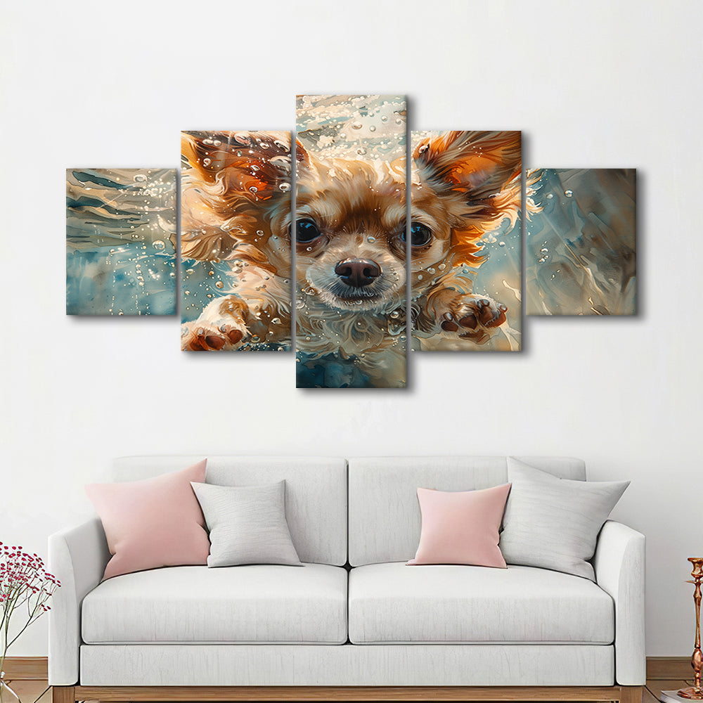 Chihuahua Funny Dog Swimming Underwater Watercolor, Funny Pet Art, Mixed Panels Canvas Print Wall Art