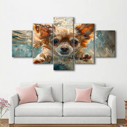 Chihuahua Funny Dog Swimming Underwater Watercolor, Funny Pet Art, Mixed Panels Canvas Print Wall Art
