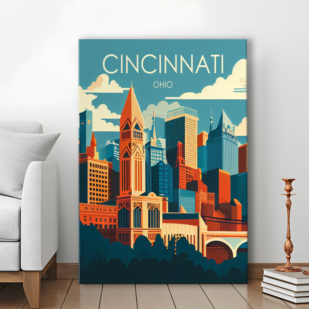 Cincinnati Ohio Retro Art Print, Cincinnati City Wall Art, Canvas Print, Painting Canvas, Living Room Decor