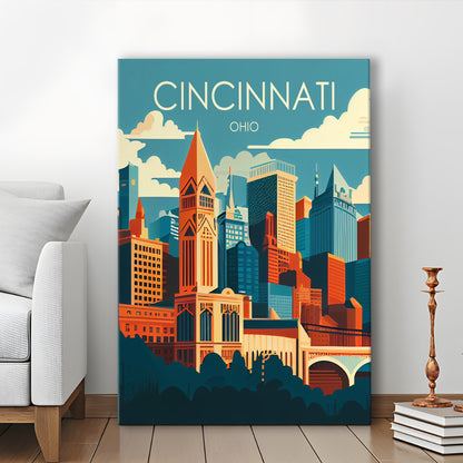 Cincinnati Ohio Retro Art Print, Cincinnati City Wall Art, Canvas Print, Painting Canvas, Living Room Decor