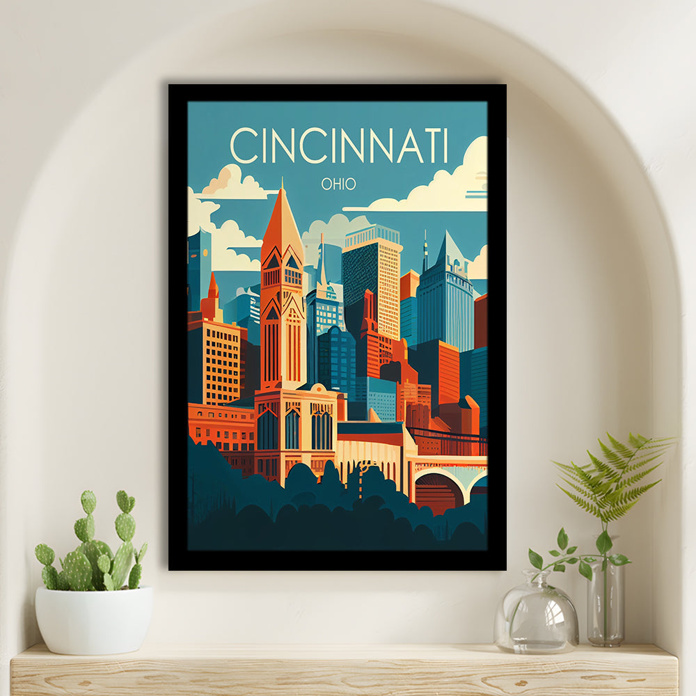 Cincinnati Ohio Retro Art Print, Cincinnati City Wall Art, Framed Art Print, Picture Framed, Painting Art