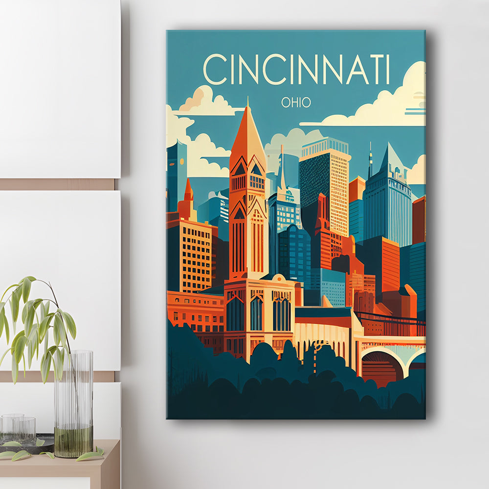 Cincinnati Ohio Retro Art Print, Cincinnati City Wall Art, Canvas Print, Painting Canvas, Living Room Decor