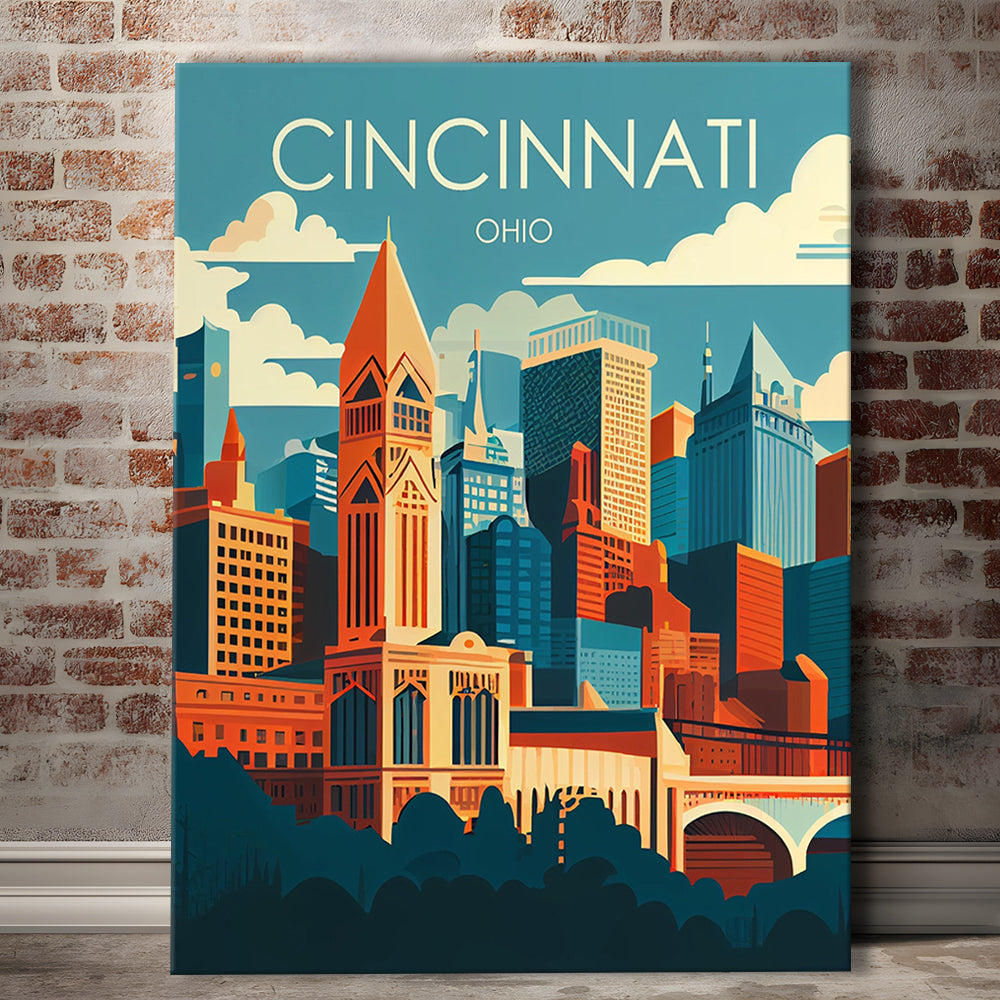 Cincinnati Ohio Retro Art Print, Cincinnati City Wall Art, Canvas Print, Painting Canvas, Living Room Decor