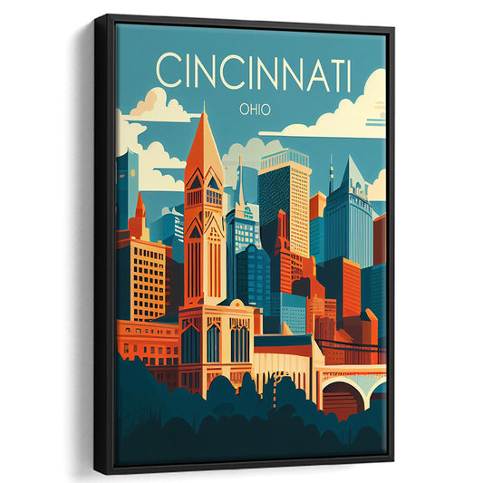 Cincinnati Ohio Retro Art Print, Cincinnati City Wall Art, Floating Framed Canvas Print, Framed Picture, Painting Canvas