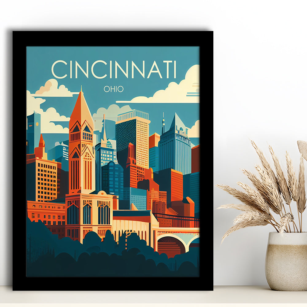 Cincinnati Ohio Retro Art Print, Cincinnati City Wall Art, Framed Art Print, Picture Framed, Painting Art