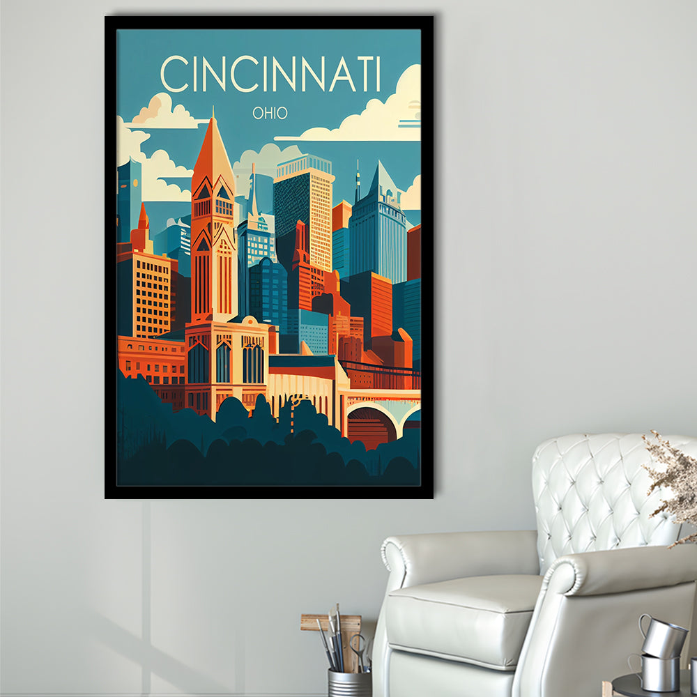 Cincinnati Ohio Retro Art Print, Cincinnati City Wall Art, Framed Art Print, Picture Framed, Painting Art