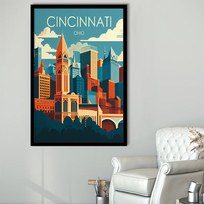 Cincinnati Ohio Retro Art Print, Cincinnati City Wall Art, Framed Art Print, Picture Framed, Painting Art