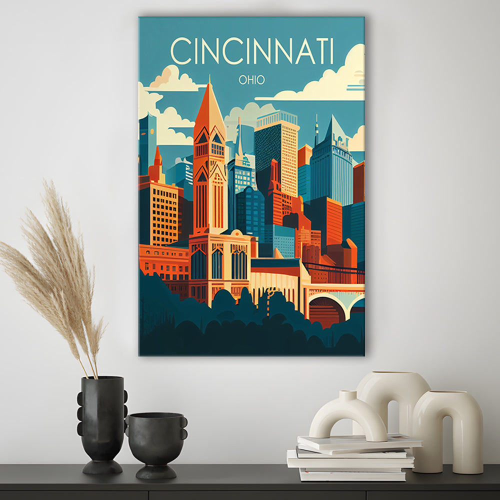 Cincinnati Ohio Retro Art Print, Cincinnati City Wall Art, Canvas Print, Painting Canvas, Living Room Decor