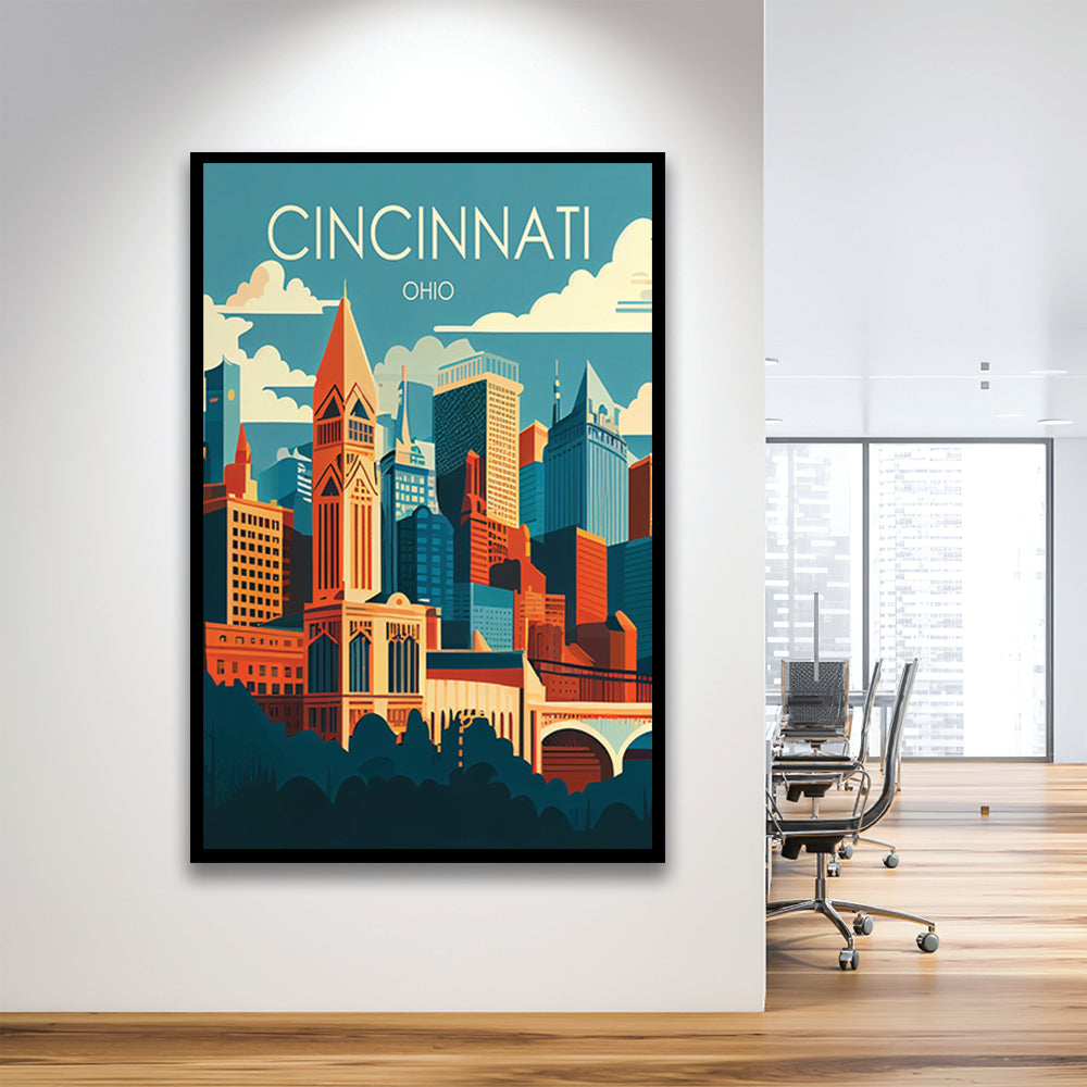 Cincinnati Ohio Retro Art Print, Cincinnati City Wall Art, Framed Art Print, Picture Framed, Painting Art