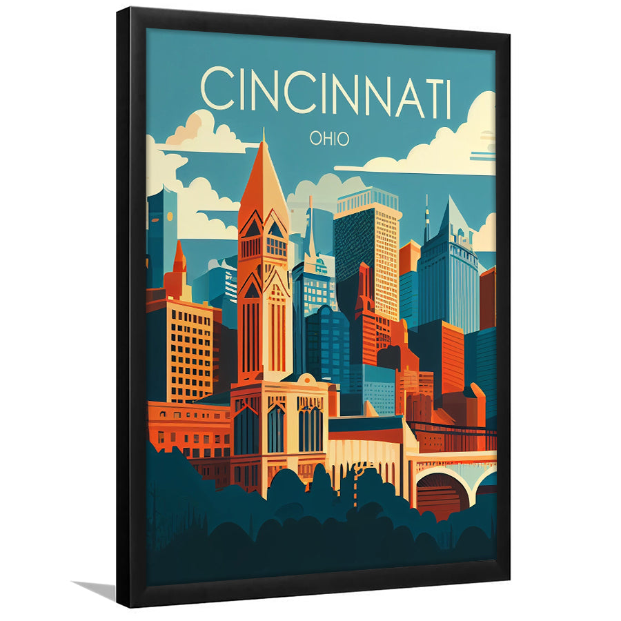 Cincinnati Ohio Retro Art Print, Cincinnati City Wall Art, Framed Art Print, Picture Framed, Painting Art