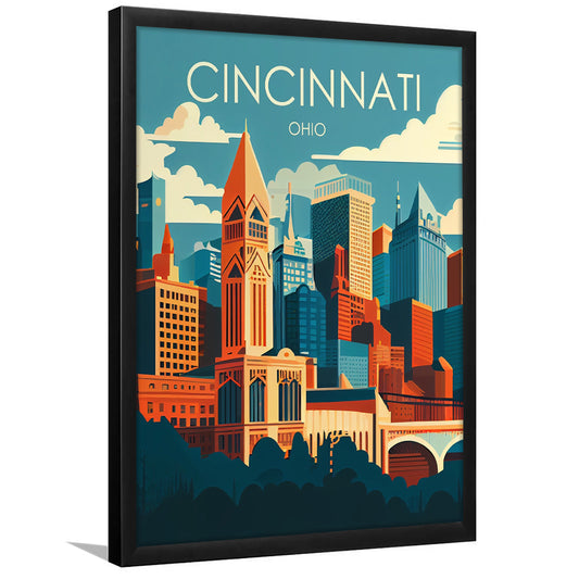 Cincinnati Ohio Retro Art Print, Cincinnati City Wall Art, Framed Art Print, Picture Framed, Painting Art