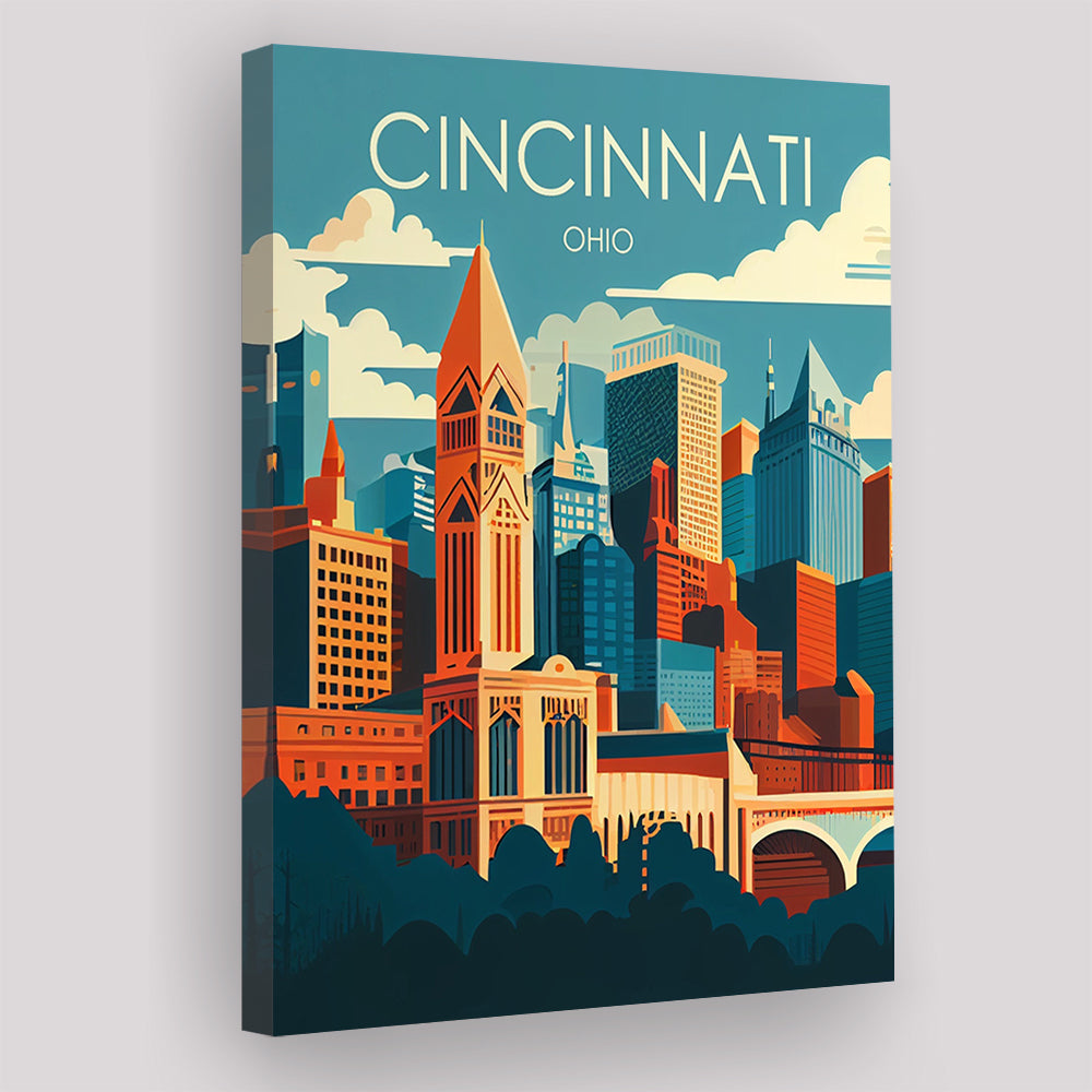 Cincinnati Ohio Retro Art Print, Cincinnati City Wall Art, Canvas Print, Painting Canvas, Living Room Decor