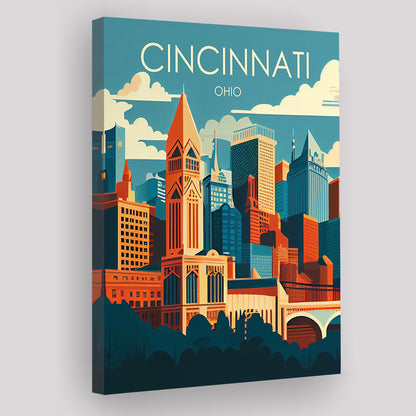 Cincinnati Ohio Retro Art Print, Cincinnati City Wall Art, Canvas Print, Painting Canvas, Living Room Decor
