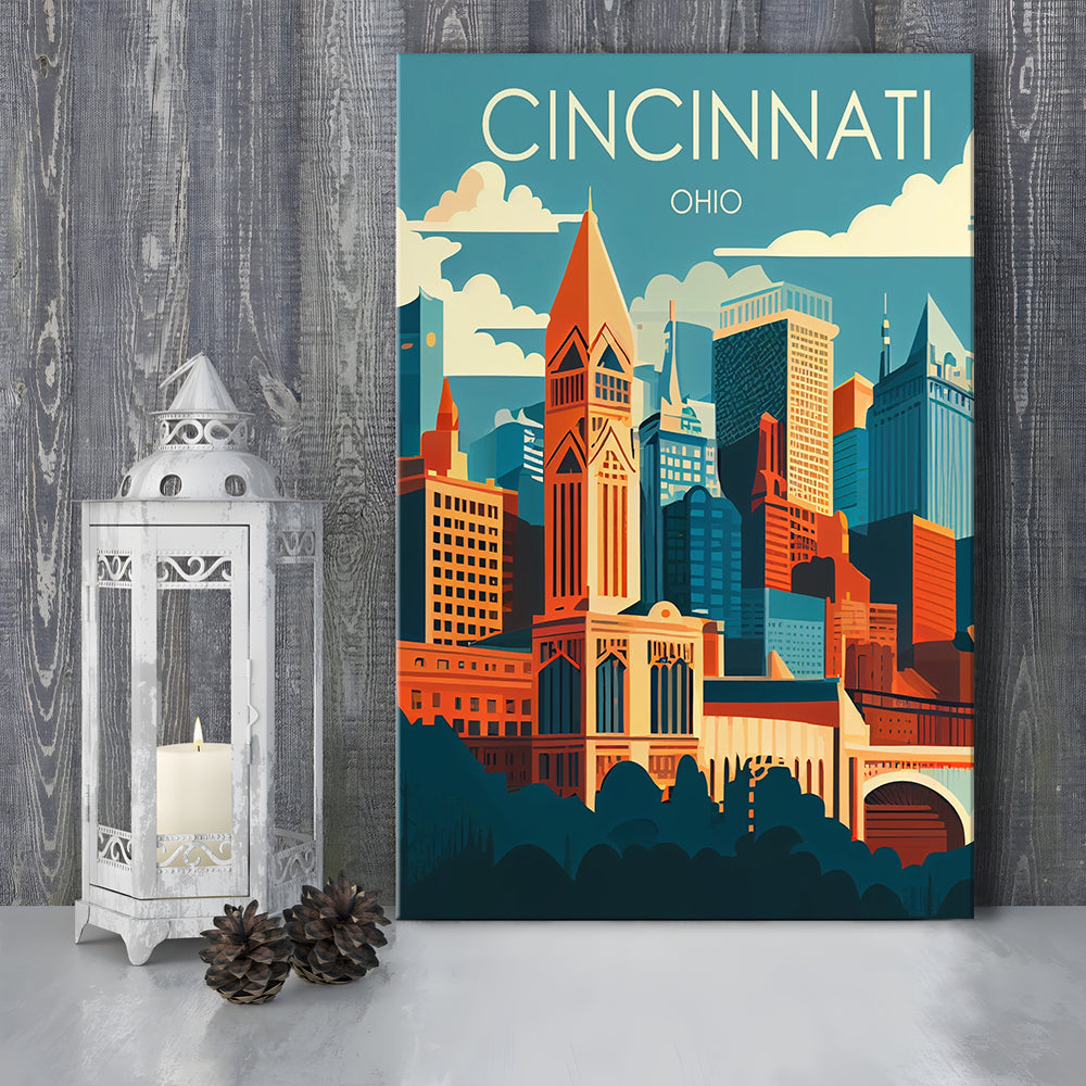 Cincinnati Ohio Retro Art Print, Cincinnati City Wall Art, Canvas Print, Painting Canvas, Living Room Decor