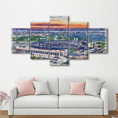 Citi Field Painting Canvas, Mets Painting Stadium Watercolor, Sport Art, Mixed 5 Panel, Canvas Print Wall Art