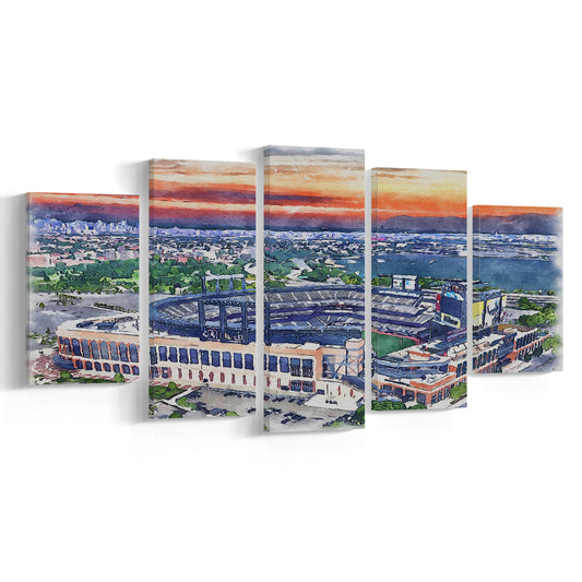 Citi Field Painting Canvas, Mets Painting Stadium Watercolor, Sport Art, Mixed 5 Panel, Canvas Print Wall Art