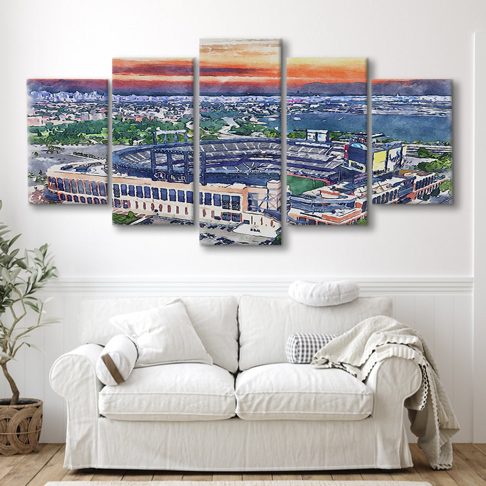 Citi Field Painting Canvas, Mets Painting Stadium Watercolor, Sport Art, Mixed 5 Panel, Canvas Print Wall Art