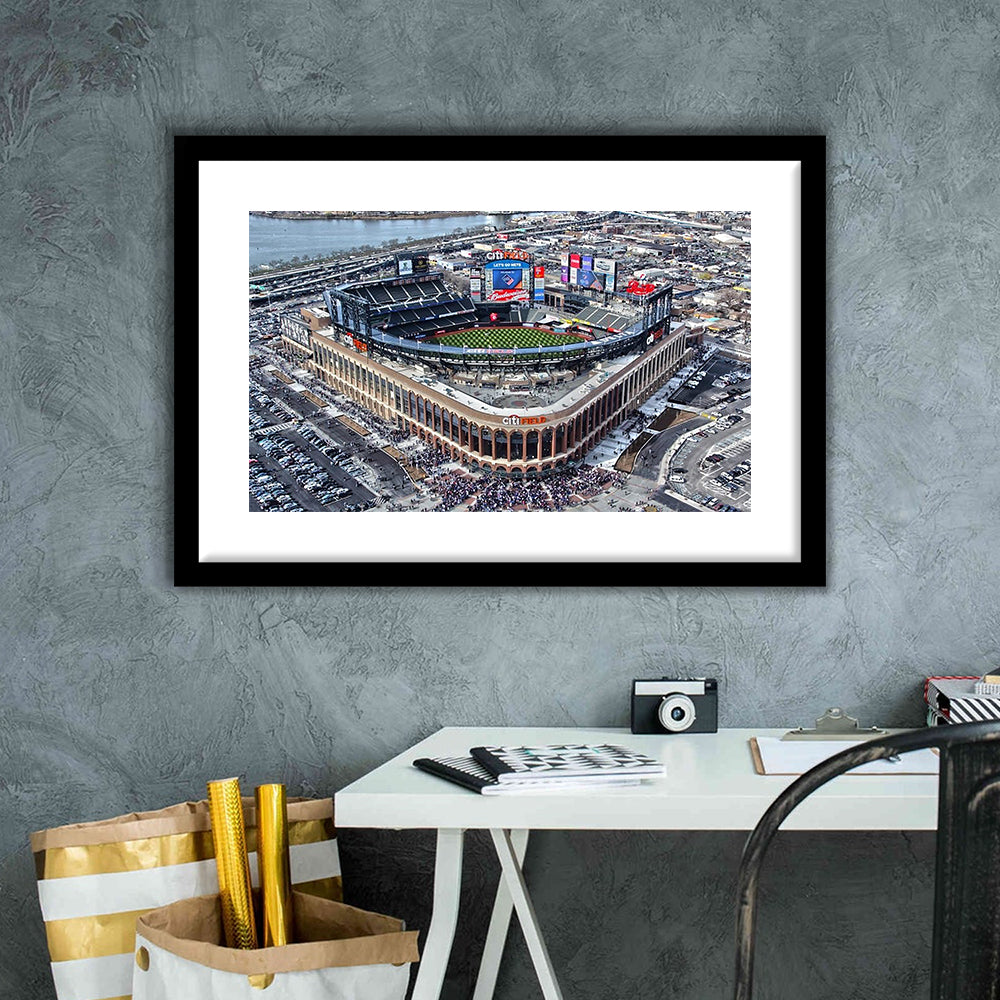 Citi Field Aerial View, Stadium Canvas, Sport Art, Gift for him, White Border Framed Art Print Wall Decor