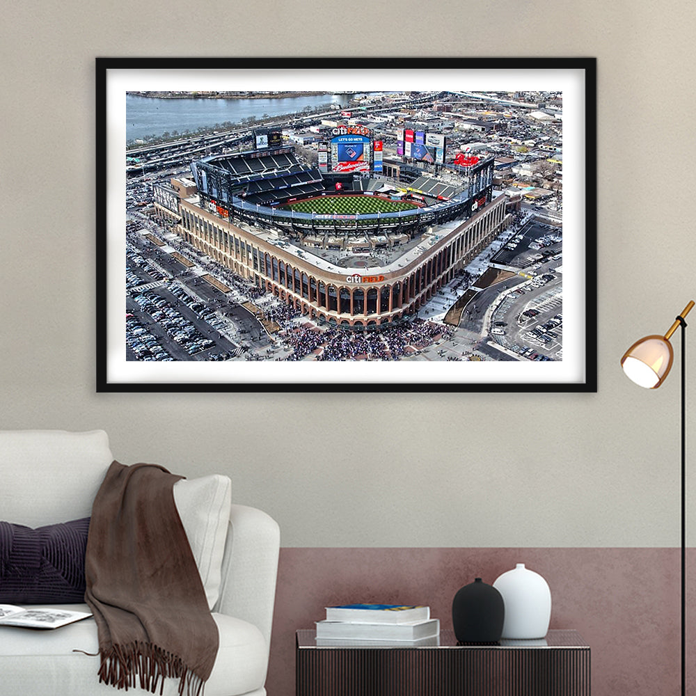 Citi Field Aerial View, Stadium Canvas, Sport Art, Gift for him, White Border Framed Art Print Wall Decor