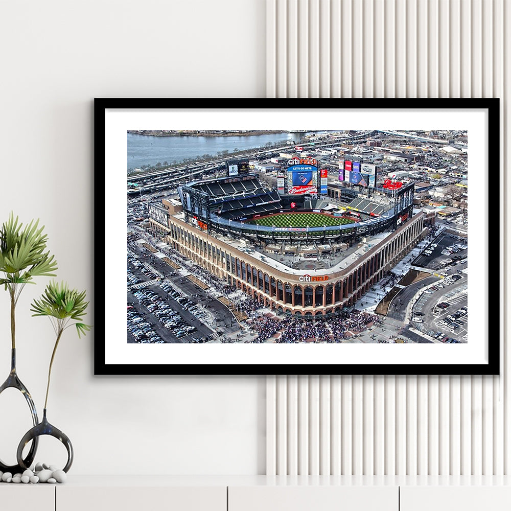 Citi Field Aerial View, Stadium Canvas, Sport Art, Gift for him, White Border Framed Art Print Wall Decor