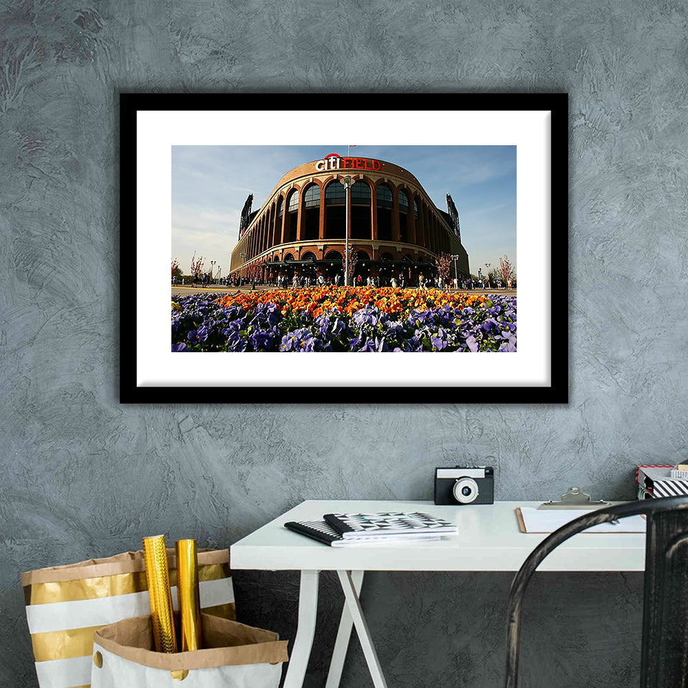 Citi Field Outside View, Stadium Canvas, Sport Art, Gift for him, White Border Framed Art Print Wall Decor