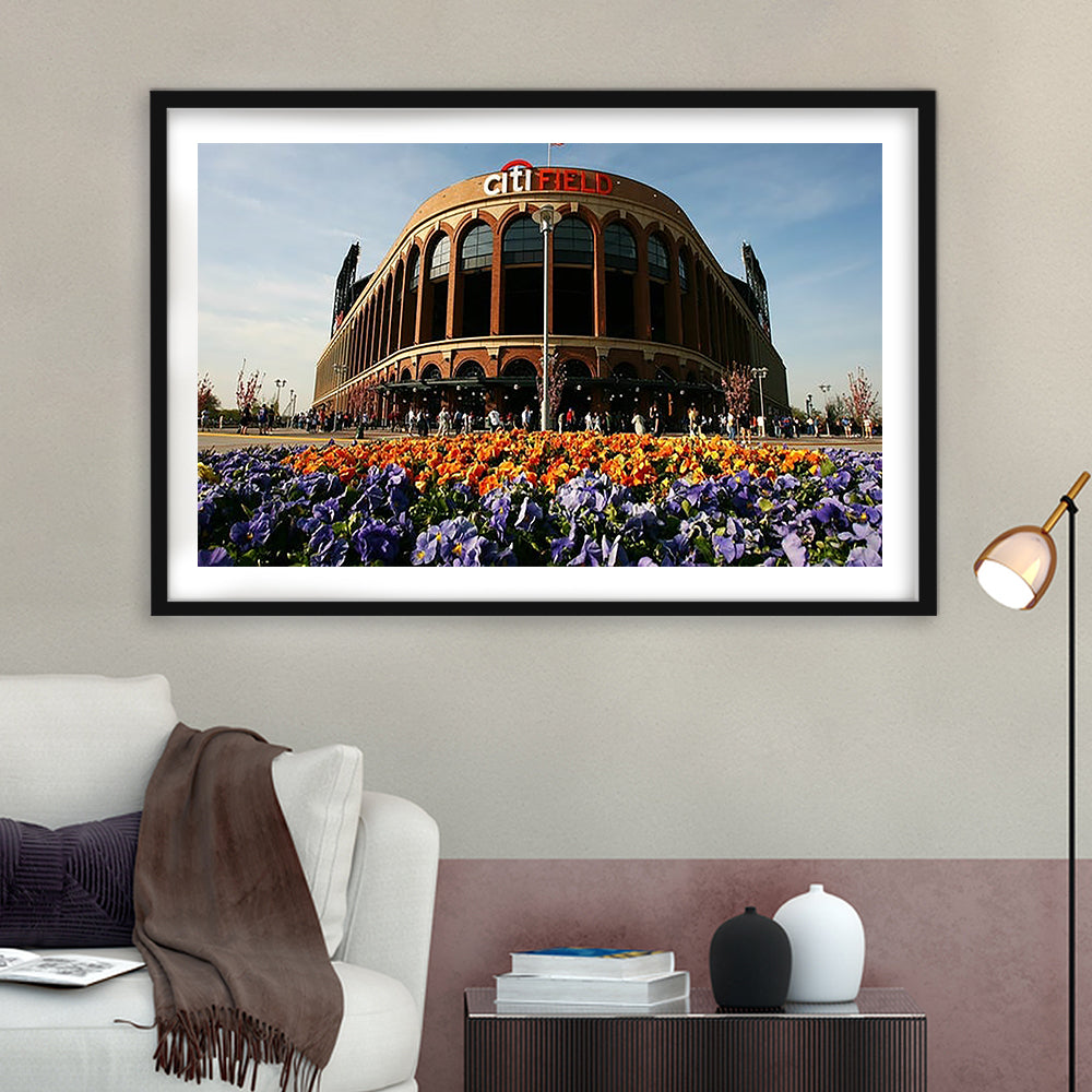 Citi Field Outside View, Stadium Canvas, Sport Art, Gift for him, White Border Framed Art Print Wall Decor