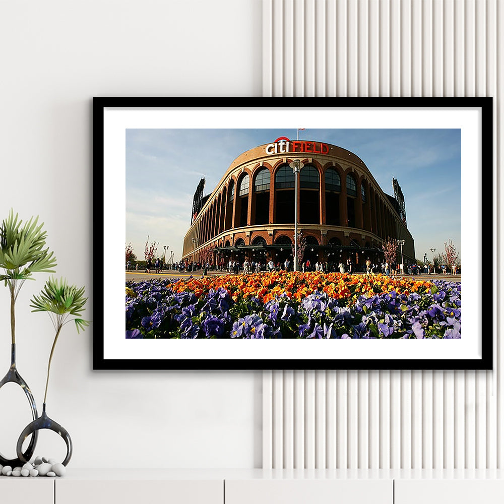 Citi Field Outside View, Stadium Canvas, Sport Art, Gift for him, White Border Framed Art Print Wall Decor