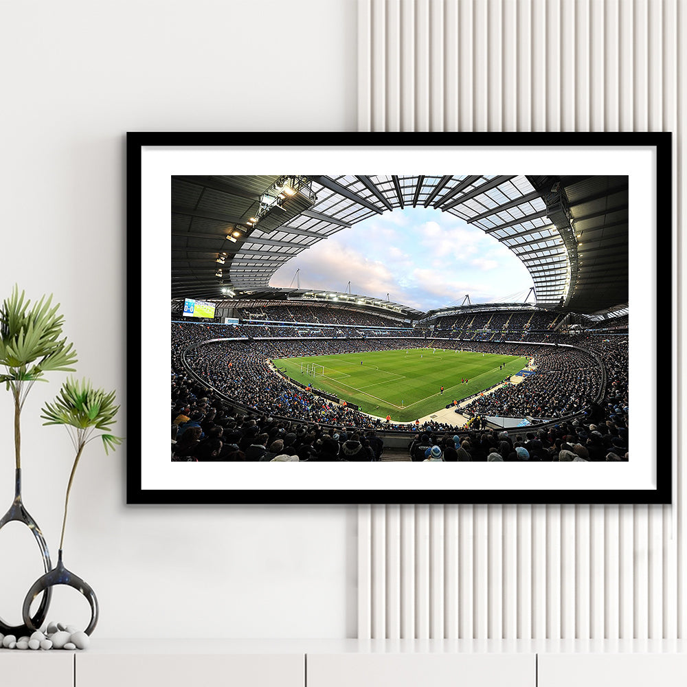 City of Manchester Stadium, Stadium Canvas, Sport Art, Gift for him, White Border Framed Art Print Wall Decor