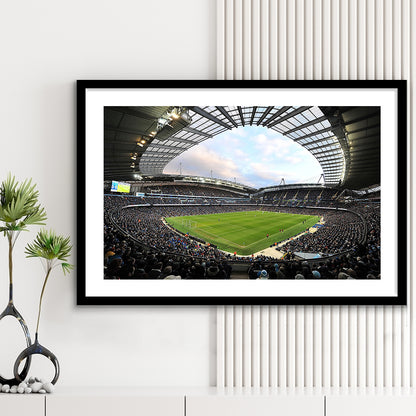 City of Manchester Stadium, Stadium Canvas, Sport Art, Gift for him, White Border Framed Art Print Wall Decor