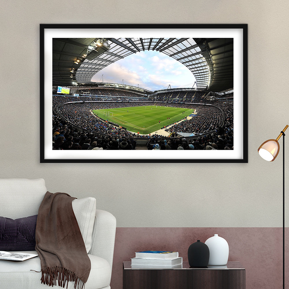 City of Manchester Stadium, Stadium Canvas, Sport Art, Gift for him, White Border Framed Art Print Wall Decor